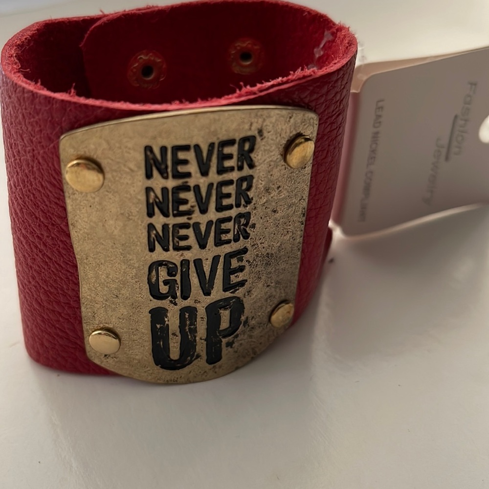 Never Give Up leather cuff bracelet, new condition